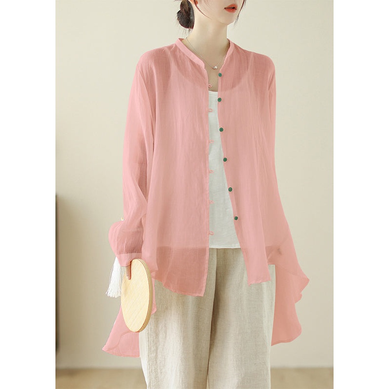Pink Cotton Shirts Top O Neck Button Low High Design Spring