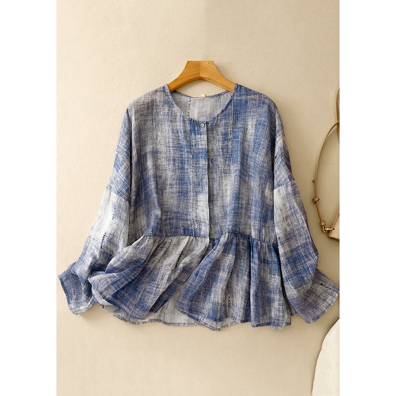 Plus Size Blue O Neck Tie Dye Patchwork Cotton Shirts Spring
