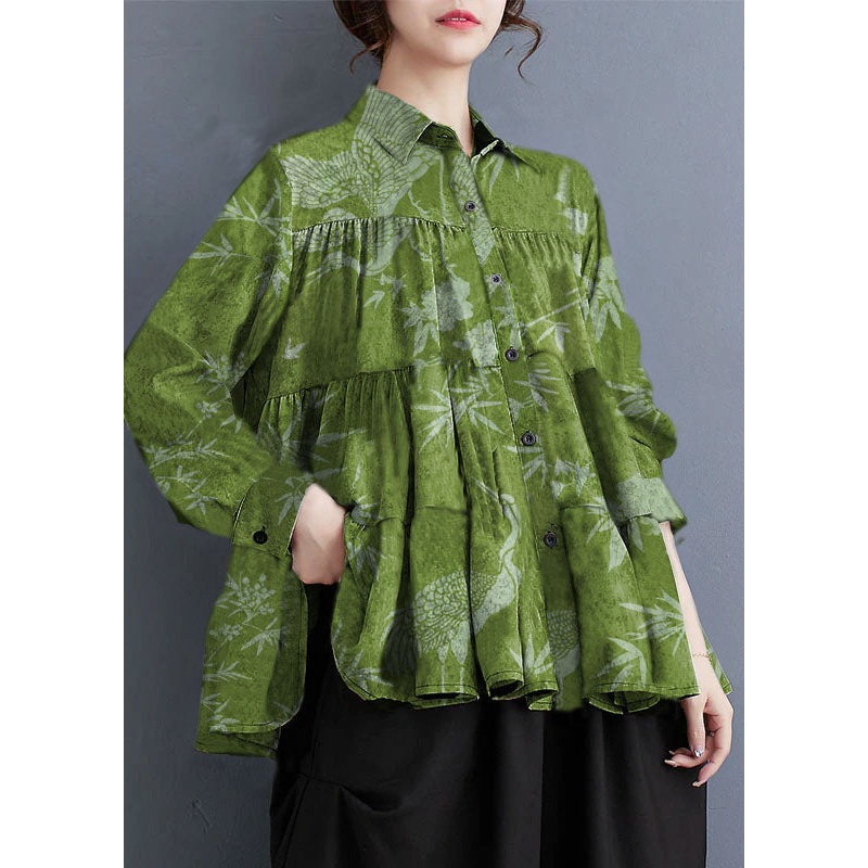 Plus Size Green bird Peter Pan Collar Dot Wrinkled Cotton Shirts Fall
