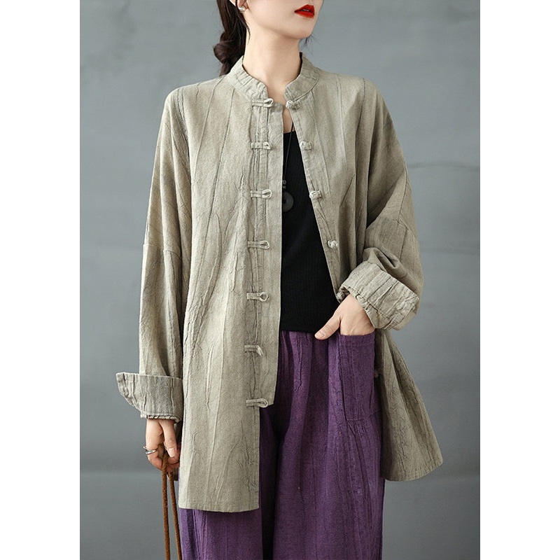 Plus Size Khaki Oriental Button Cotton Shirt Top Spring