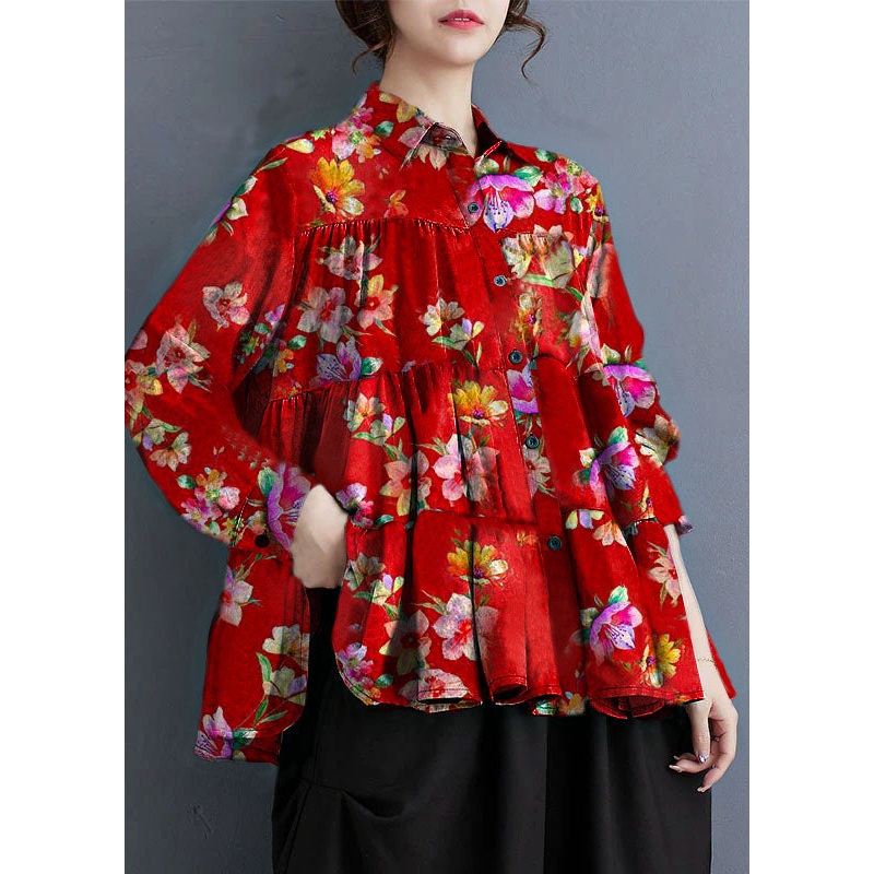 Plus Size Red flowers Peter Pan Collar Dot Wrinkled Cotton Shirts Fall