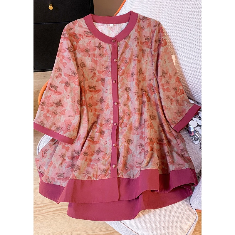 Red Print Patchwork Cotton T Shirt Tops O Neck Bracelet Sleeve