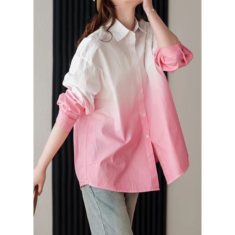 Stylish Pink Gradient Peter Pan Collar Cotton Blouse Top Spring