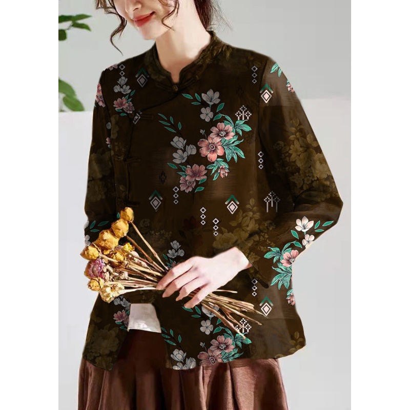 Vintage Brown flowers O-Neck Button Print Tops Long sleeve
