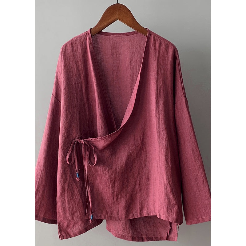 Vintage Rose V Neck Lace Up Cotton Top Spring