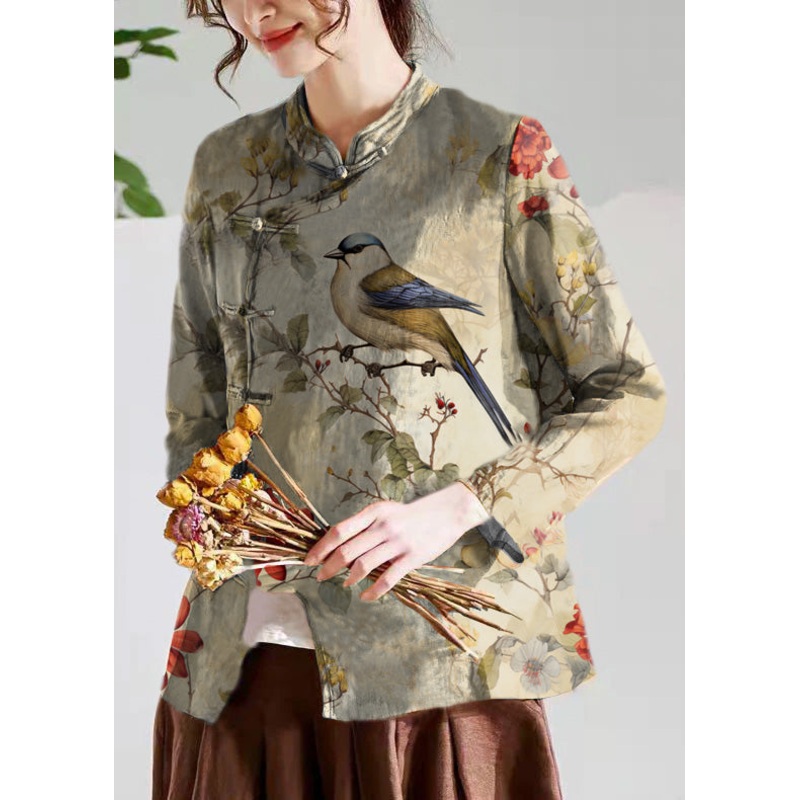 Vintage yellow bird O-Neck Button Print Tops Long sleeve