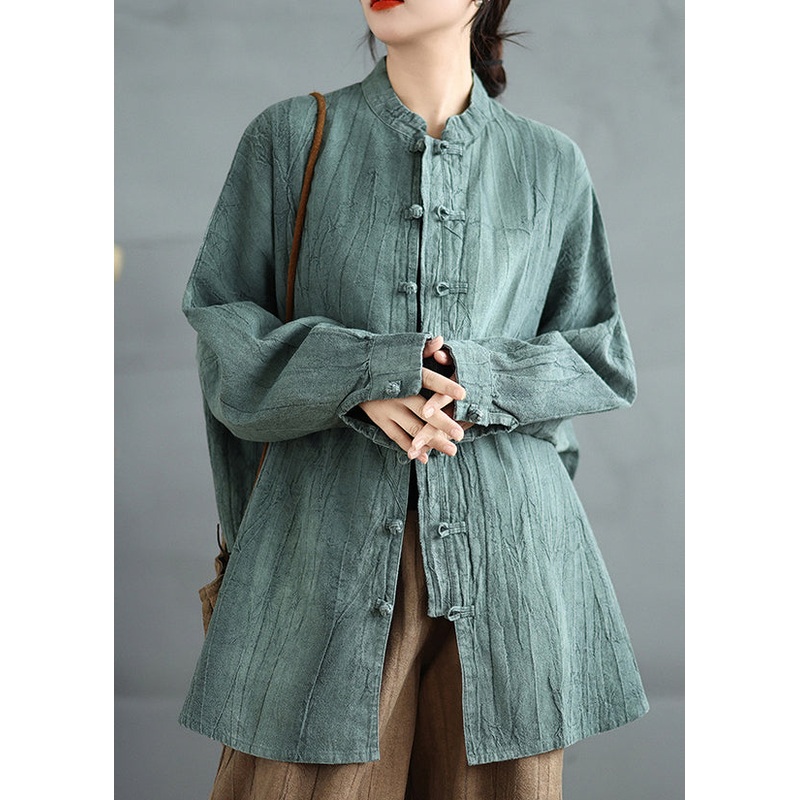 Women Green Stand Collar Chinese Button Cotton Shirt Top Spring