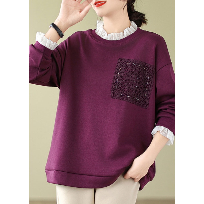 Women Purple Lace Patchwork Warm Fleece Sweatshirts Spring