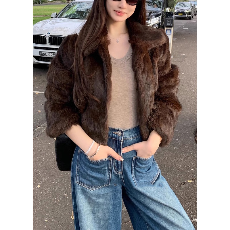 Boutique Coffee Peter Pan Collar Leather And Fur Jackets Spring