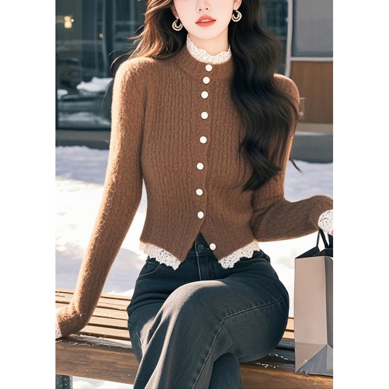 French Coffee Turtleneck Hollow Out Patchwork Cotton Knit Cardigan Spring