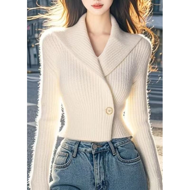 Simple White V Neck Cotton Knit Cardigans Spring