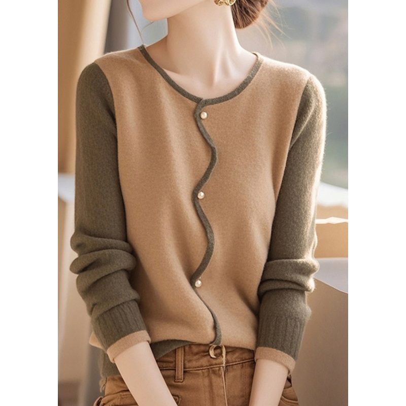 Stylish Colorblock O Neck Button Woolen Cardigans Spring
