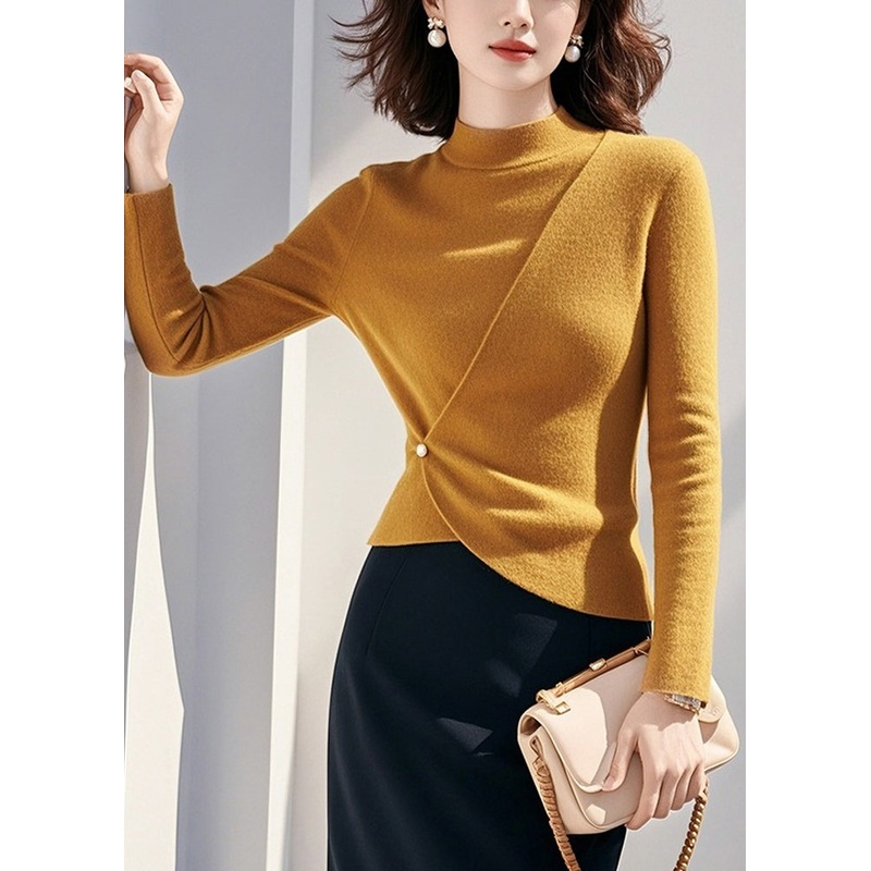 Women Yellow Half High Neck Asymmetrical Knit Sweaters Spring