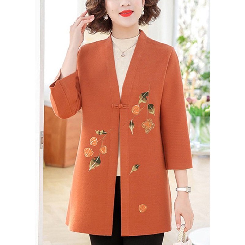 Beautiful Orange Print Cotton Knit Cardigans Bracelet Sleeve