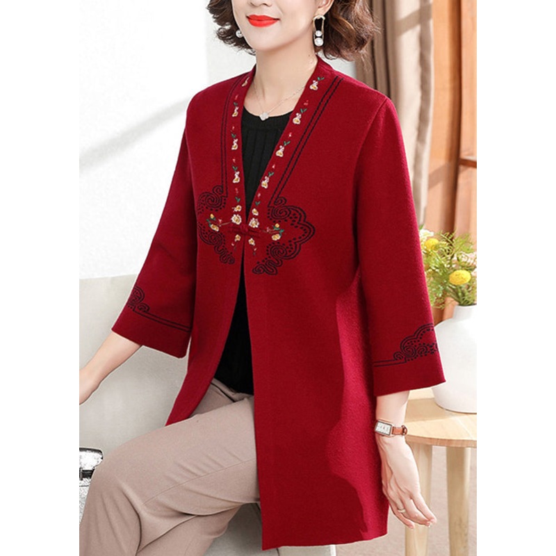 Casual Red V Neck Print Cotton Knit Cardigan Spring