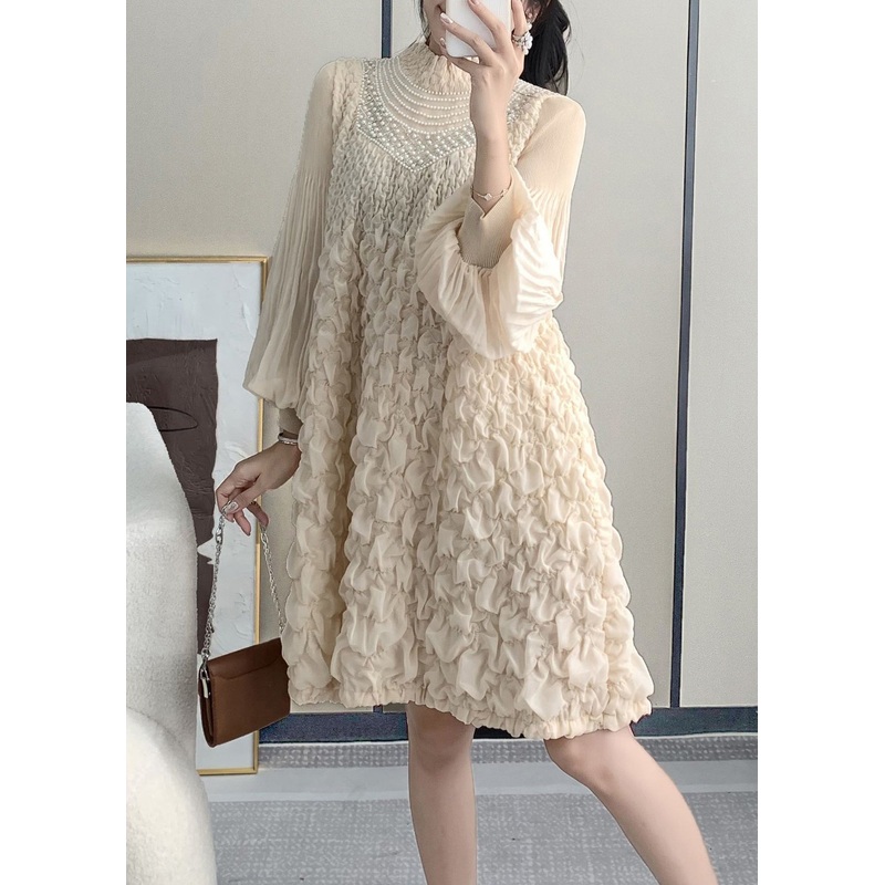 French Beige Stand Collar Wrinkled Nail Bead Mid Dress Lantern Sleeve