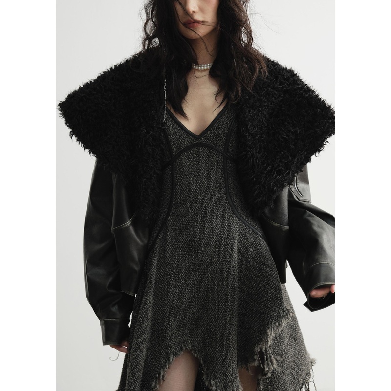 Women Black Fur Collar Pockets Faux Leather Coats Spring