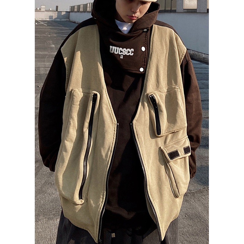 Brown Patchwork Cotton Mens Fake Two Piece Sweatshirt Hooded Spring