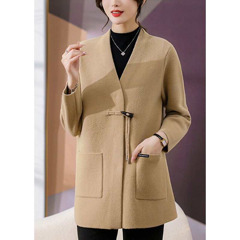 Camel Woolen Coats Patchwork Button Spring