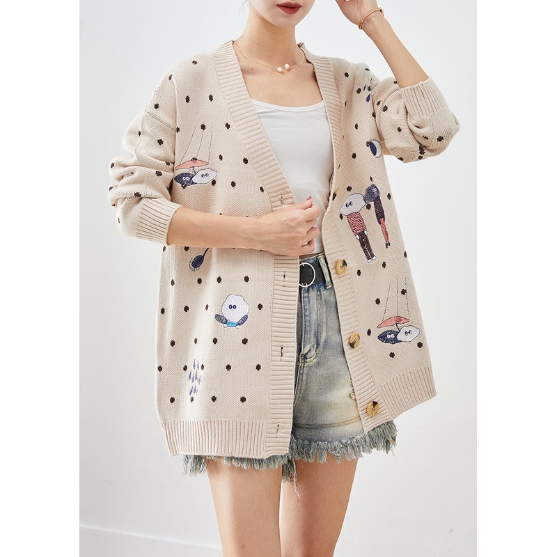 Casual Beige Embroidered Knit Loose Coat Winter