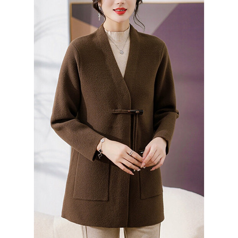 Casual Coffee V Neck Pockets Woolen Coats Spring