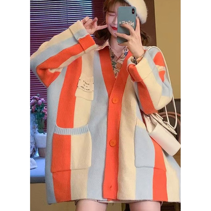 Casual Orange V Neck Pockets Patchwork Knit Cardigans Spring