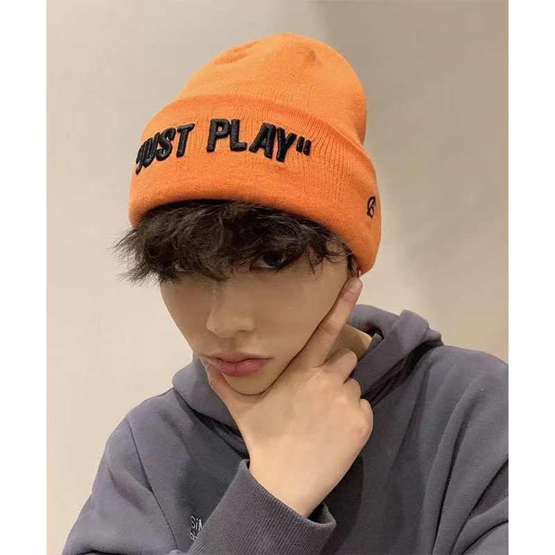 Chic Orange Graphic Embroidered Men Knit Bonnie Hat