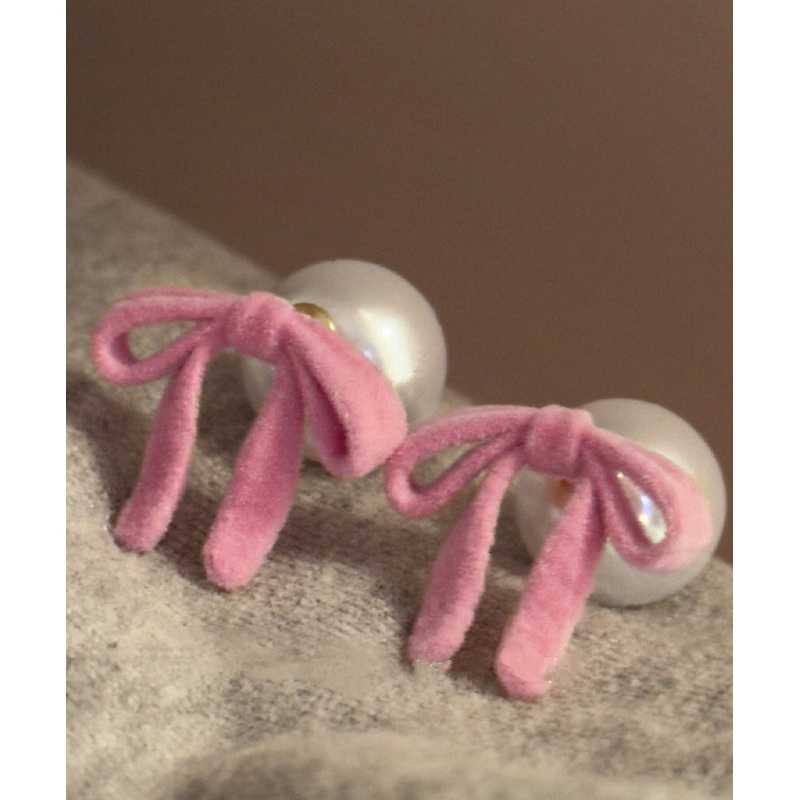 Cute Pink Silk Velour Alloy Pearl Bow Stud Earrings