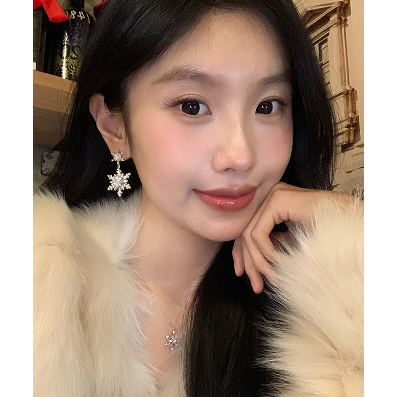 DIY Silk Alloy Zircon Snowflake Tassel Drop Earrings