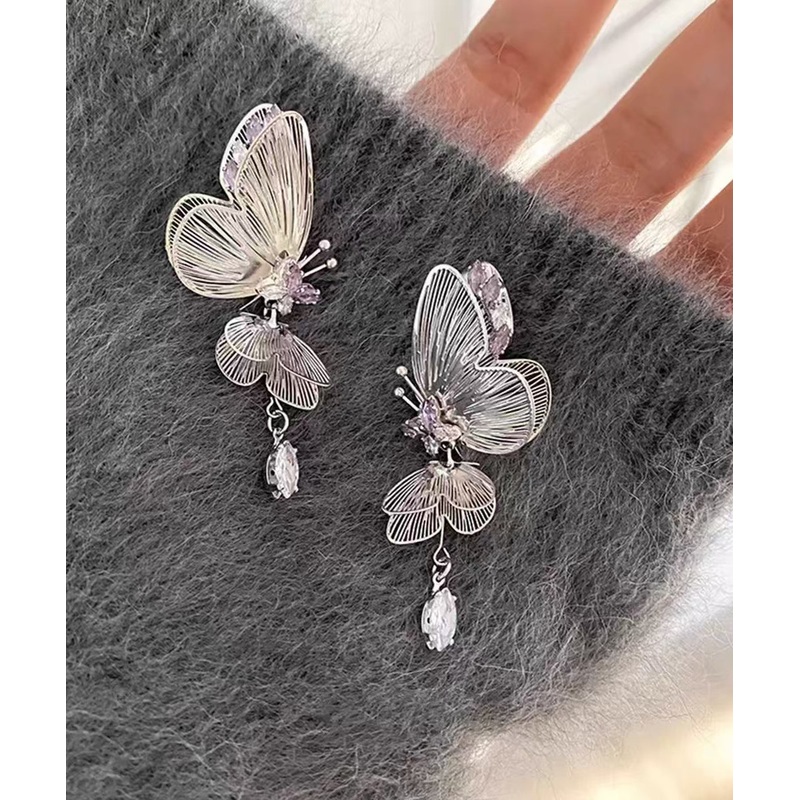 Fine Silk Copper Zircon Butterfly Hollow Out Stud Earrings