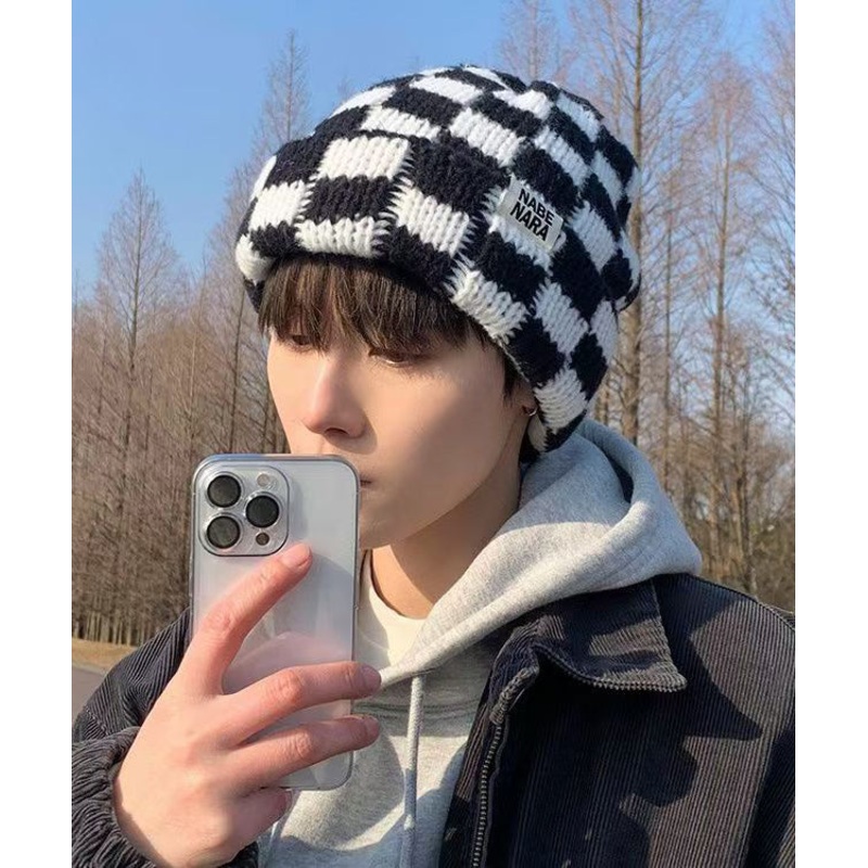 New Black Plaid Thick Warm Men Knit Bonnie Hat