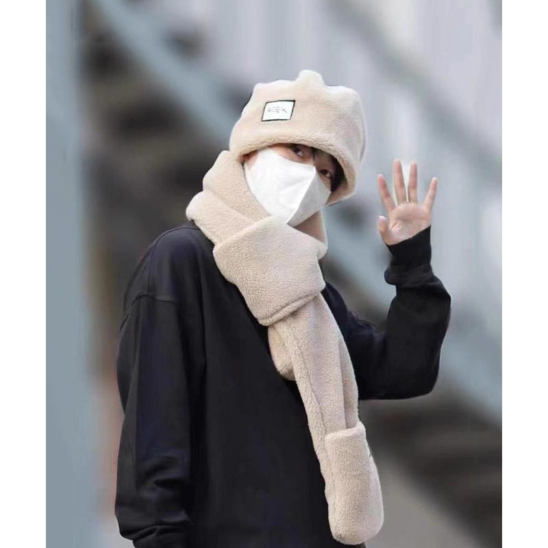 New Men’s Beige Scarf And Hat Warm Two-Piece Set