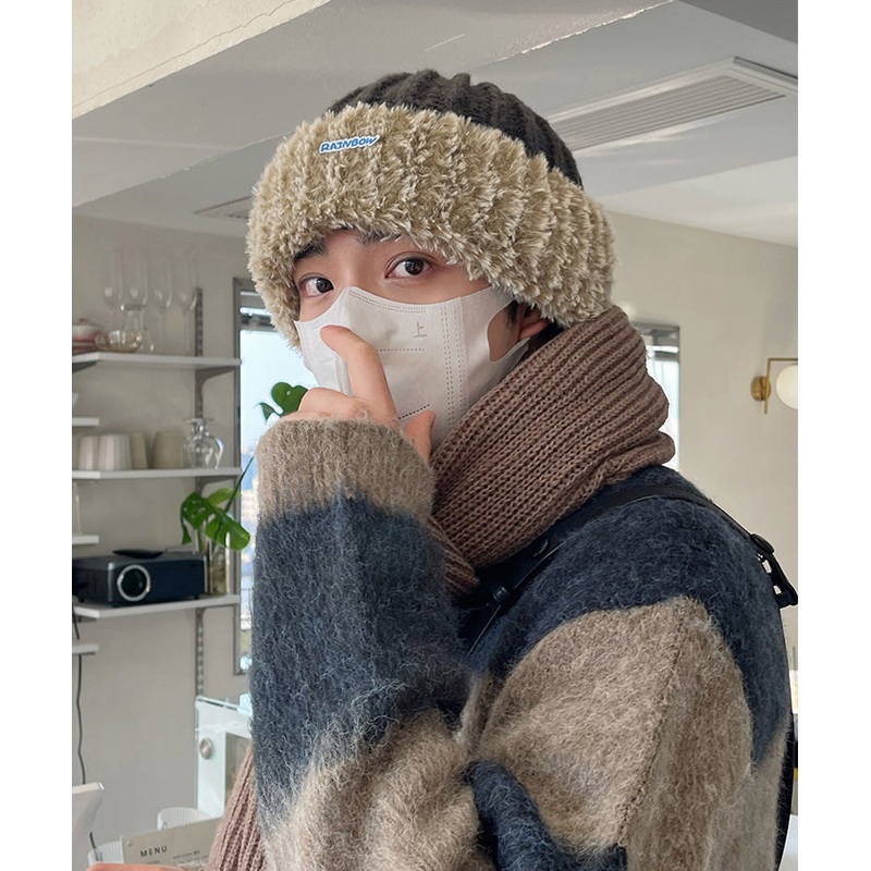 Stylish Black Faux Fur Patchwork Men Knit Boonie Hat