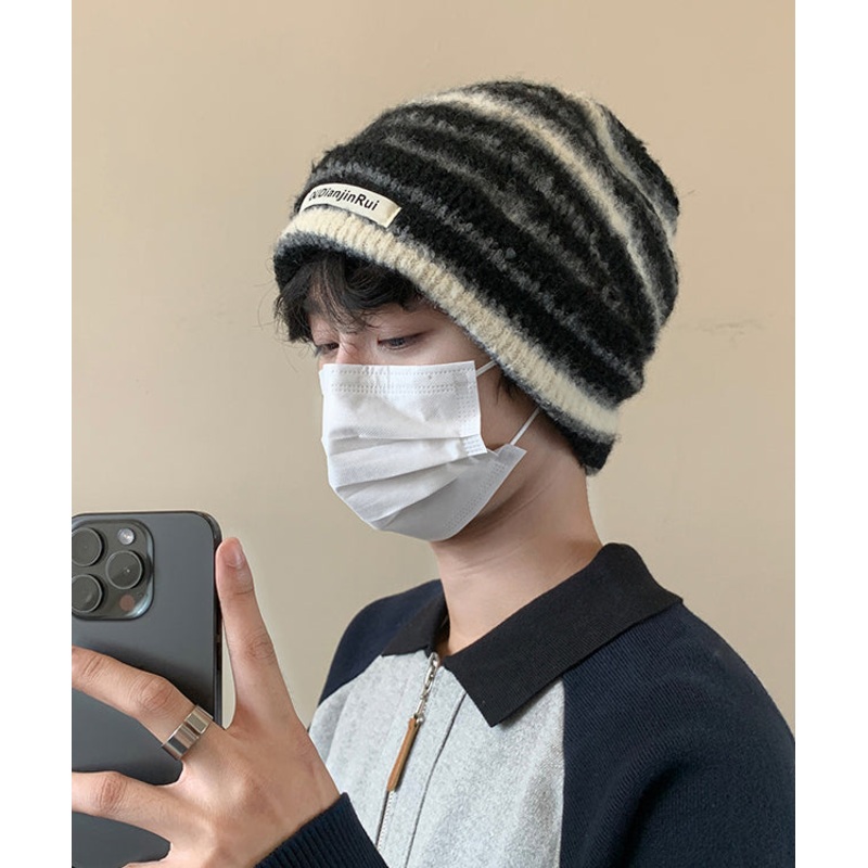 Stylish Black Striped Cotton Knit Men Bonnie Hat
