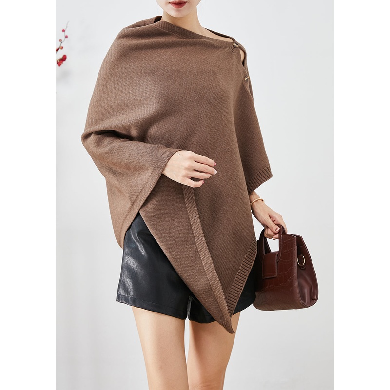 Women Brown Asymmetrical Button Down Knit Pullover Winter