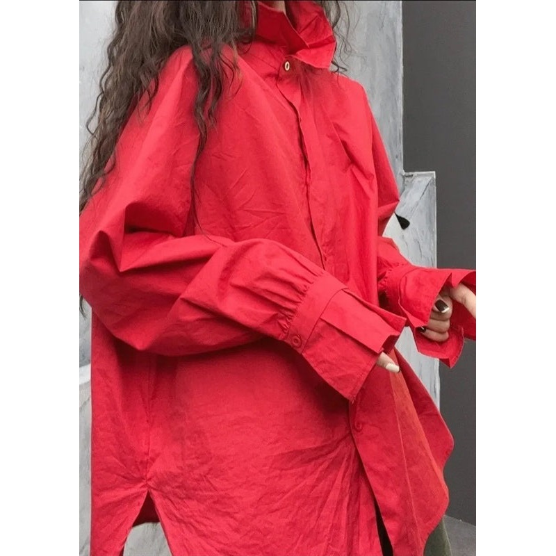 Women Red Stand Collar Patchwork Cotton Blouse Tops Spring