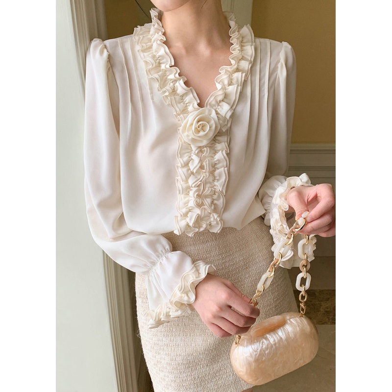 Art Apricot Ruffled Solid Chiffon Shirt Petal Sleeve