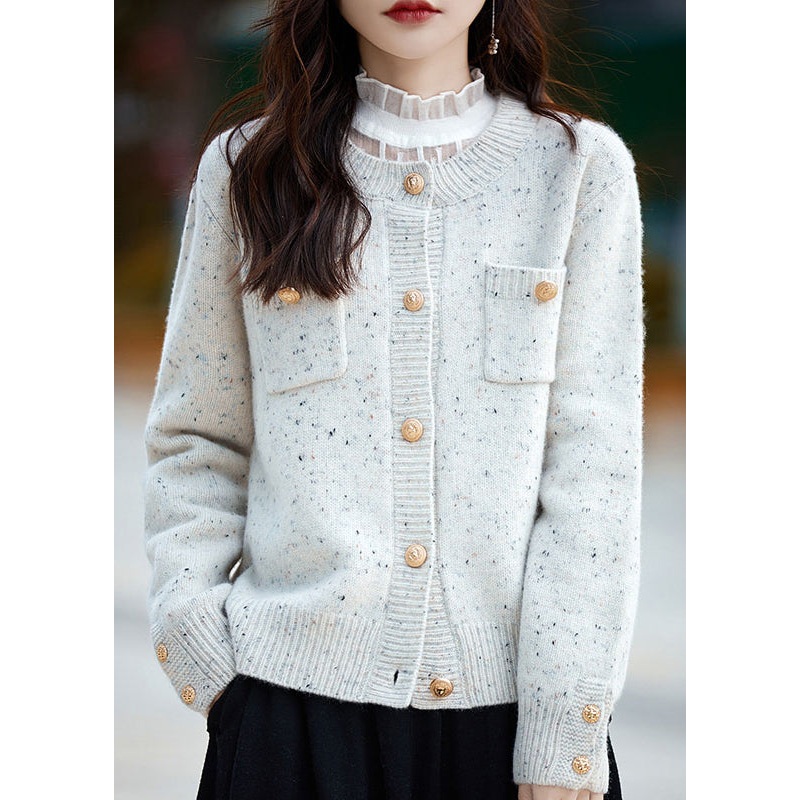Art Grey O Neck Button Pockets Woolen Coat Spring