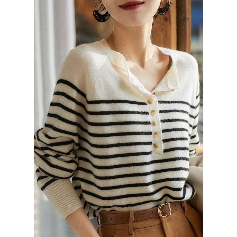 Art White Striped Button Woolen Sweaters Spring