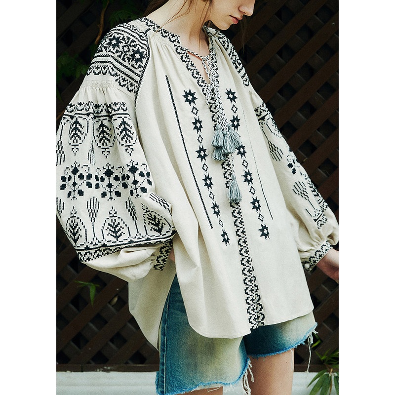 Beige Lace Up Patchwork Linen Blouses Embroidered Spring