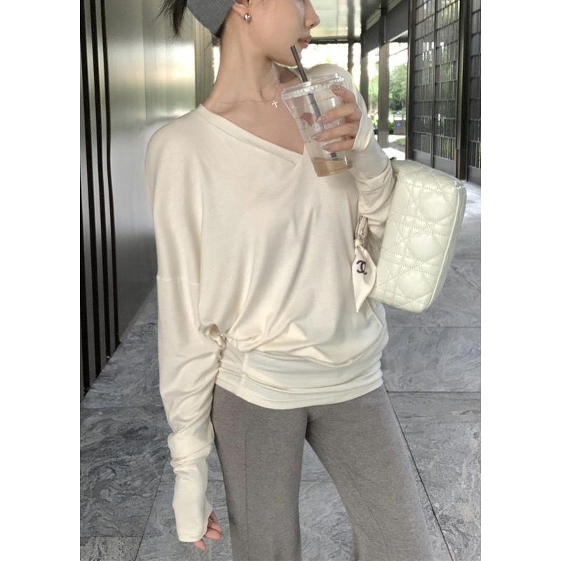 Beige Solid Loose Cotton Spring Top V Neck