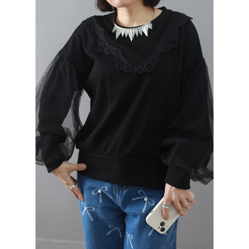 Black Lace Tulle Patchwork Cotton Sweatshirt O Neck Spring