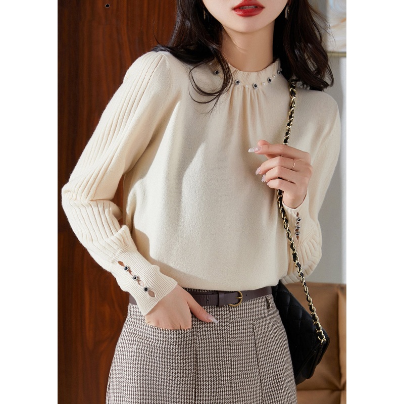 Vogue Beige Nail Bead Hollow Out Wool Knit Sweaters Spring