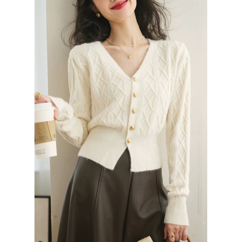 White Button Plaid Knit Sweater V Neck Spring