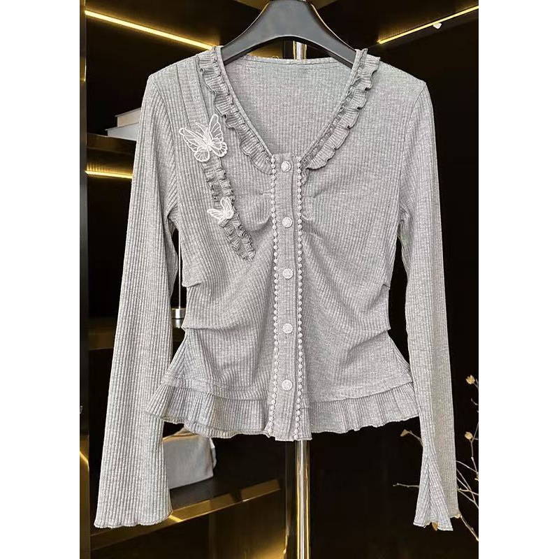 Women Grey V Neck Ruffled Butterfly Cotton T Shirts Spring