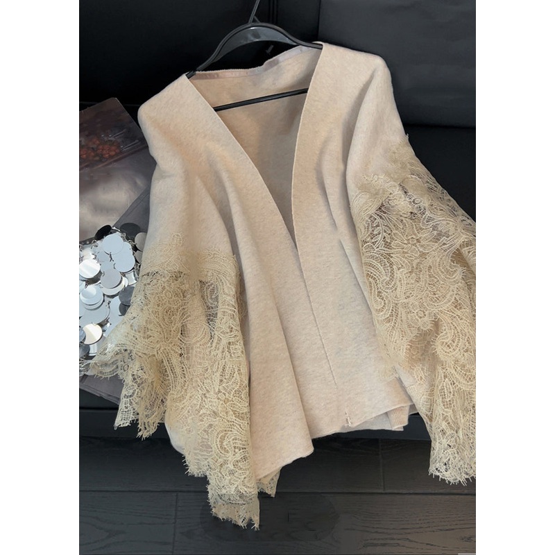 Women Light Camel V Neck Lace Patchwork Knit Cardigans Spring