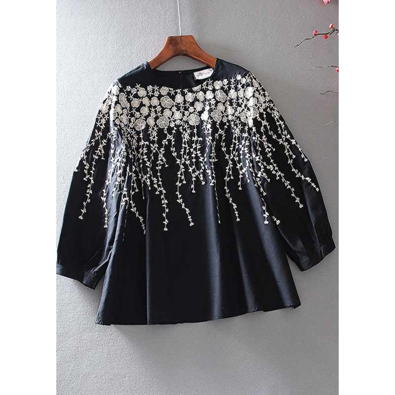 Boutique Black Embroidered Cotton Top Bracelet Sleeve