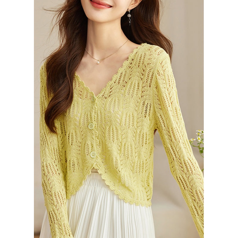 Chic Yellow V Neck Hollow Out Knit Cardigans Summer