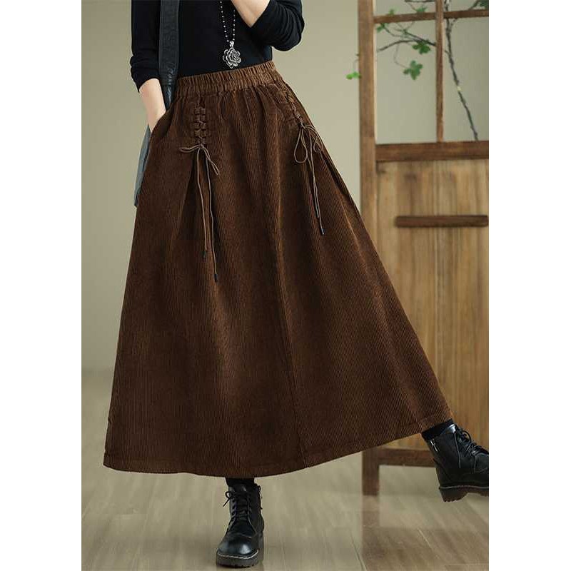 Unique Coffee Pockets Lace Up Elastic Waist Corduroy Skirt Spring