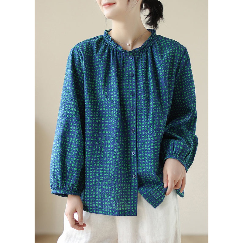 2025 New Blue Ruffled Print Cotton Shirt Tops Spring